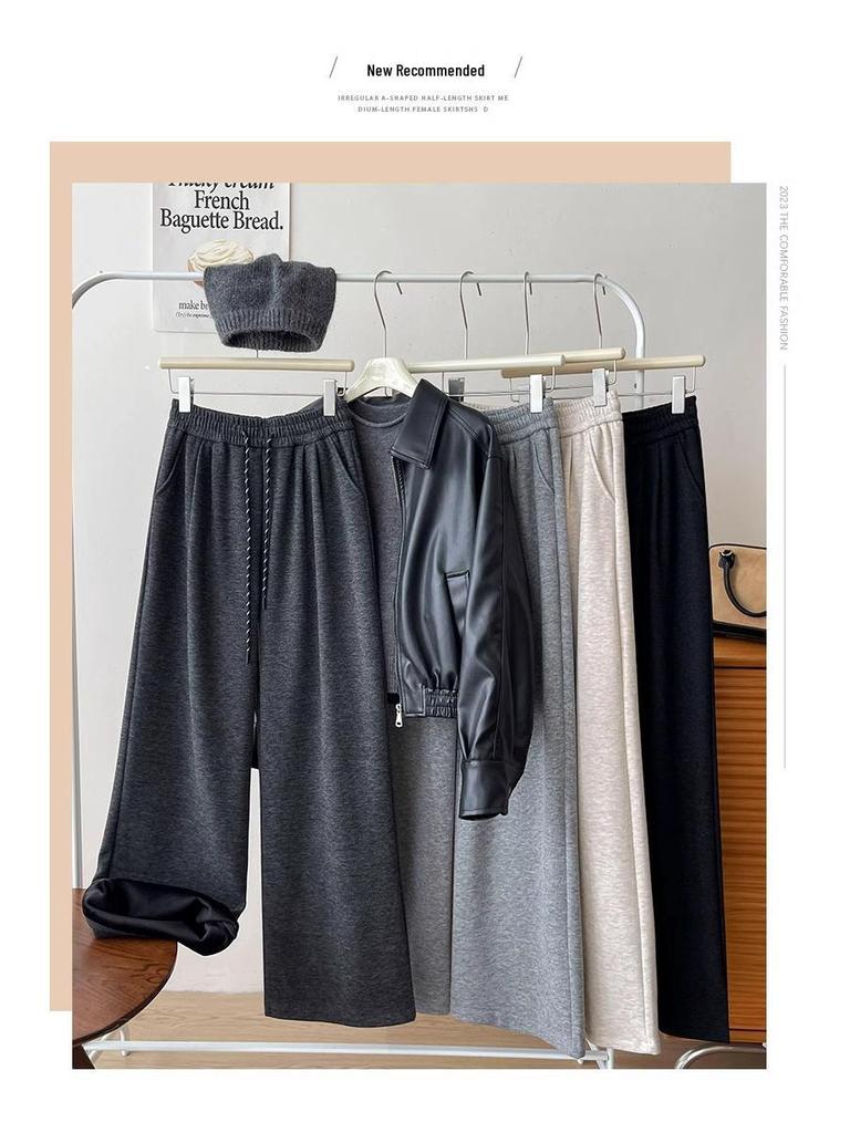 Petite Fleece-Lined Slimming Straight-Leg Pants for Women - Autumn/Winter Elastic Waist Casual Versatile Style