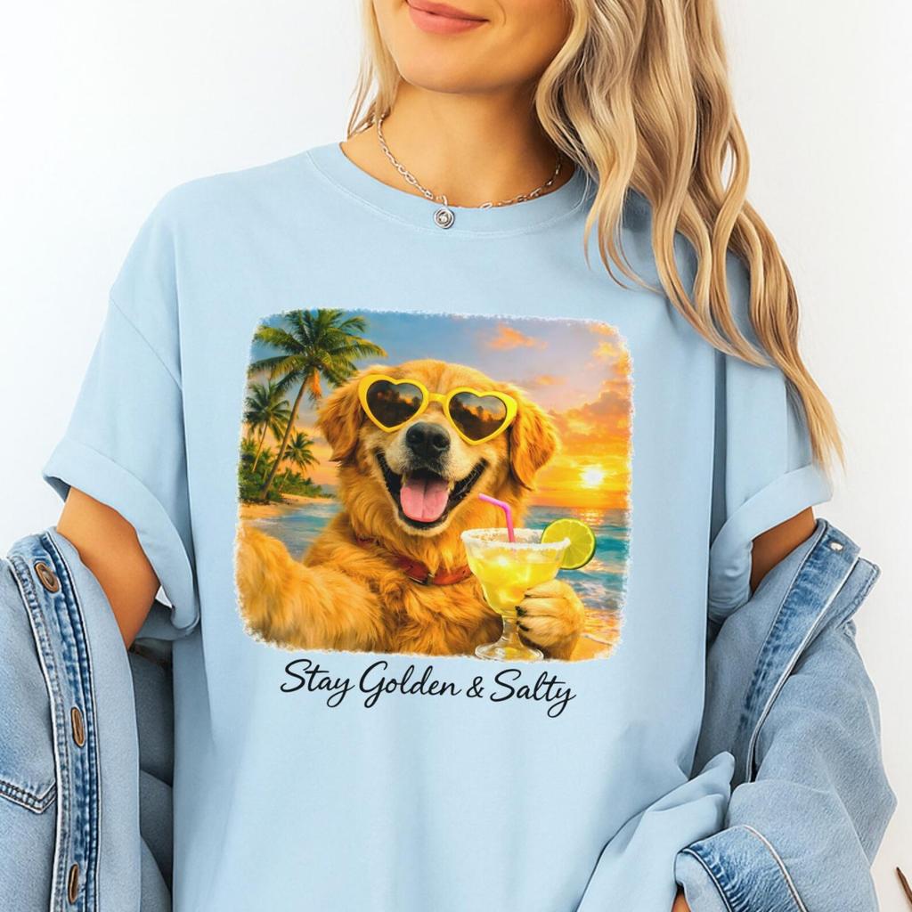 Stay Golden And Salty Golden Retriever Shirt, Funny Dog Beach Tee, Summer Meme Shirt, Comfort Colors Style, Trendy Unisex Dog Lover Tee
