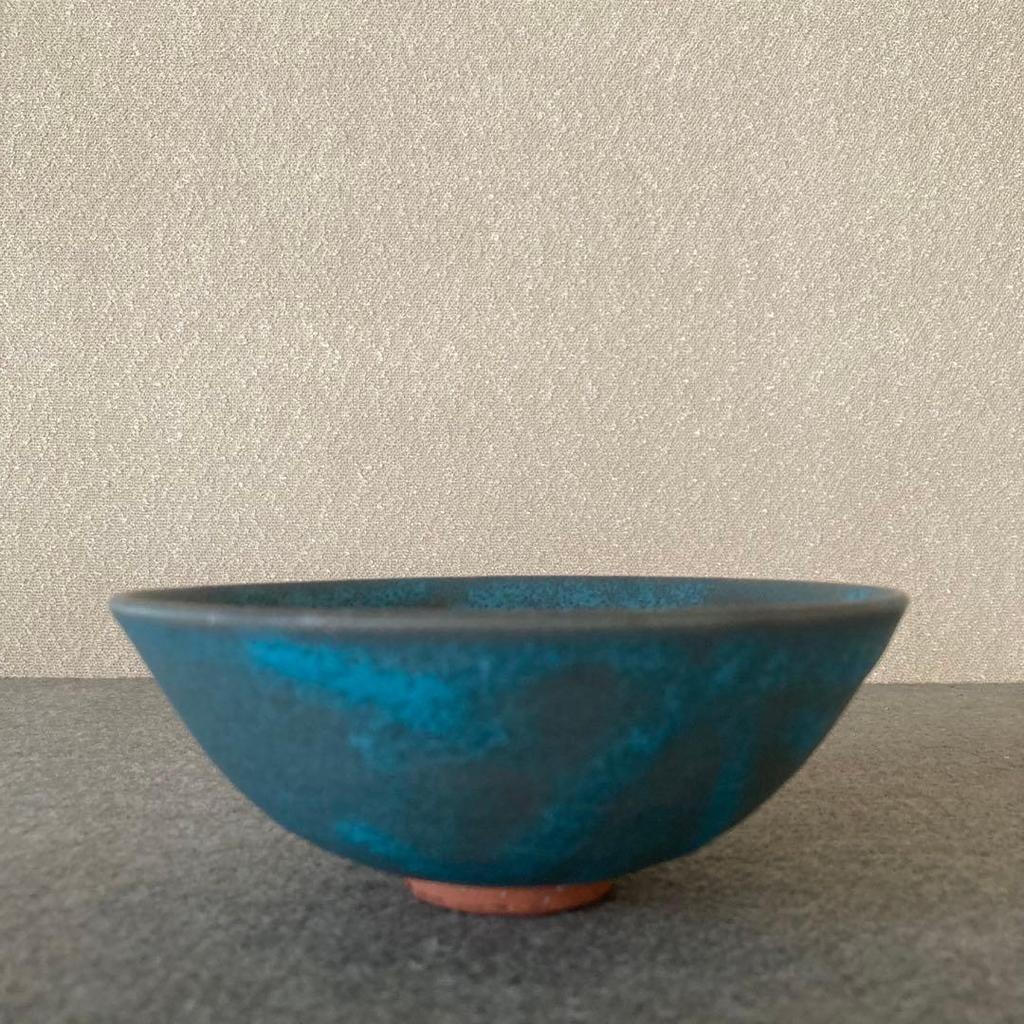 Used Matcha tea bowl, tea ceremony, pottery, ceramics, bronze glaze, turquoise, handmade, Orient