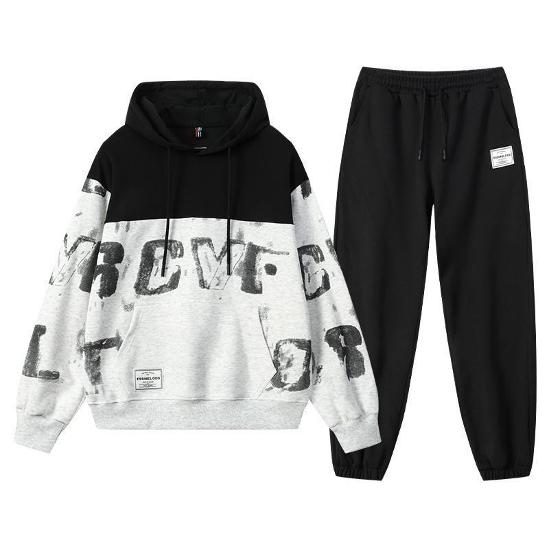 Весенне-осенний повседневный спортивный худи с капюшоном, мужской пуловер с круглым вырезом, свободный и универсальный комплект из двух предметов