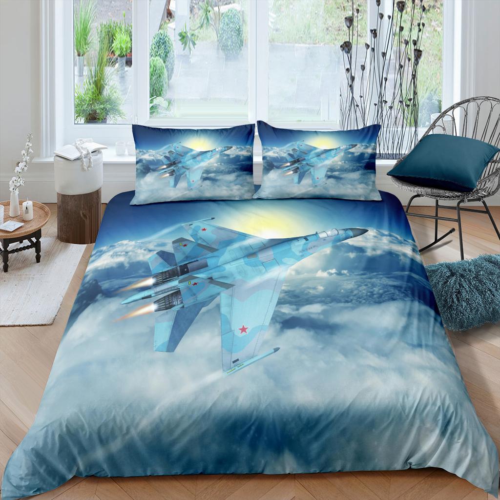 3D Aircraft Bedding Set, Transportation Tools, Quilts, Pillowcases, 2/3 Pieces, DE135 * 200, Boys' Room, Full Size, Soft, Zippered Bedroom Decoration