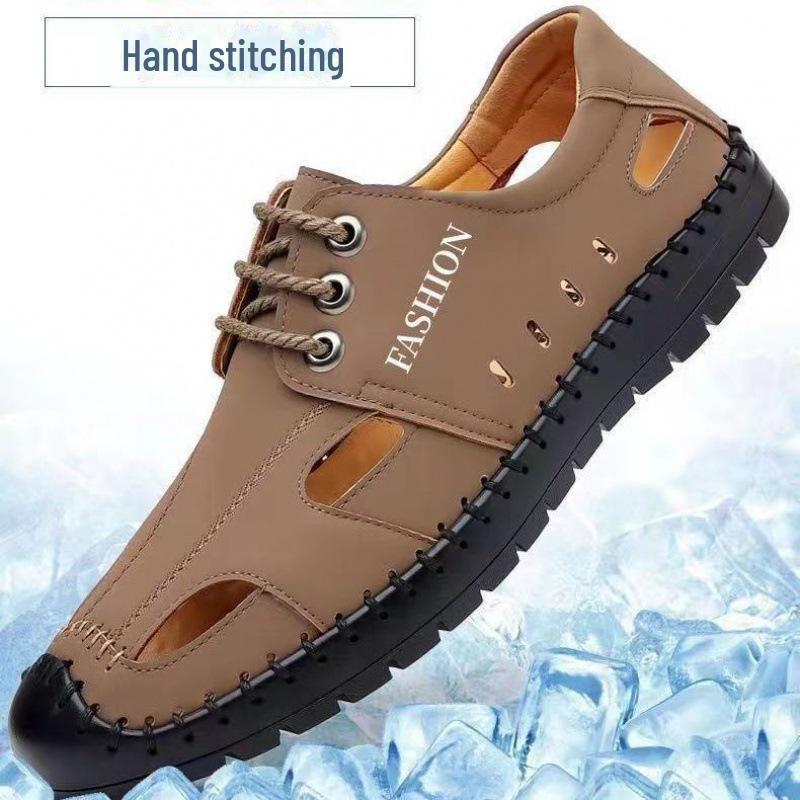 Мужские дышащие летние кожаные сандалии 2024 года — повседневный дизайн с полыми вставками