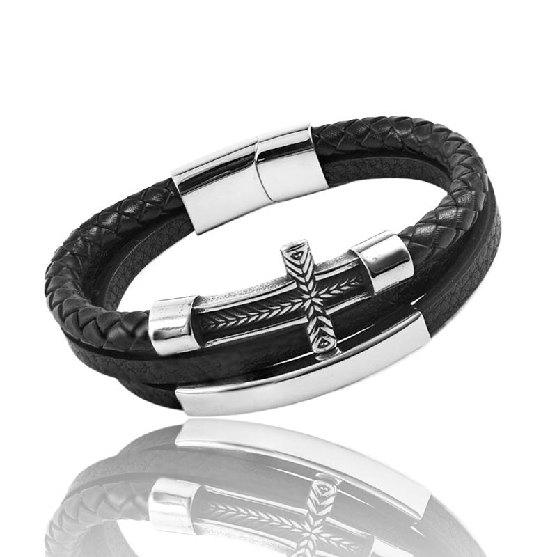 Charm Cross Braid Pattern Leather Woven Stainless Steel Bracelet Magnetic Buckle Rope Woven Bracelet Men's Jewelry Gifts