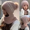 Women Winter Hood Beanies Thick Woolen Knitted Hat+Scarf Fur Pompom Crochet Bonnet Outdoor Ski Female Skullies Cap Warm Headgear