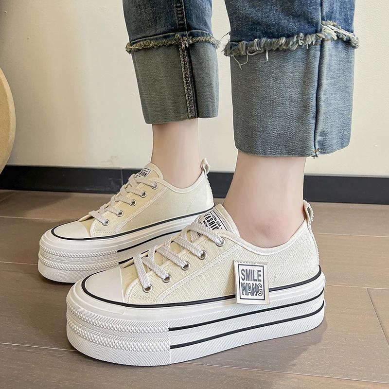 New Women's Black Platform Canvas Sneakers Lace-up Comfortable Shoes Fashion Outdoor Multi-functional Sports Canvas Shoes