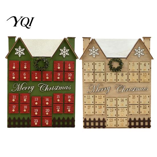 Vintage Style Christmas Decor Wooden House Advent Calendar, with 24 Drawers, Countdown to Gift Box Box, Refillable Xmas Desktop Decoration Decorative