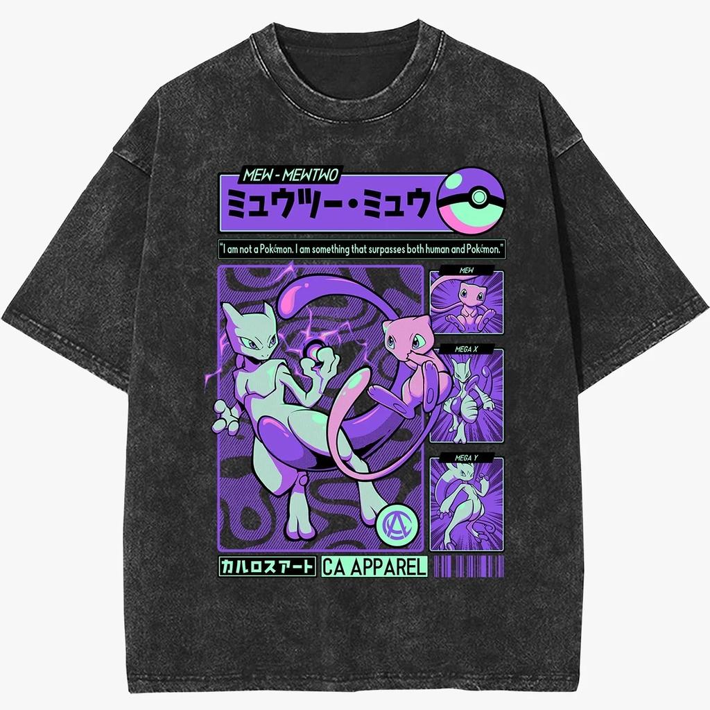 2026 Summer Pokémon Gengar and Pikachu Anime T-Shirt Vintage Washed Black Tee for Men Women Casual Streetwear Fashion Top