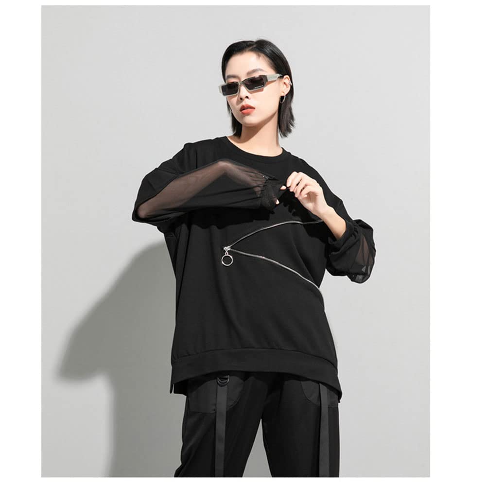 Morino Loose Fit with Tulle Striped Stylish Unique Long Women's T-Shirt Sleeves, Pattern, Streetwear, Style, Black, Spring/Summer (Black - Sleeve)