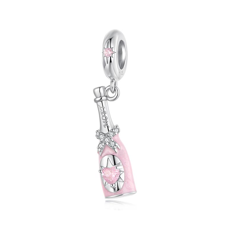 WOSTU 925 Silver Pink High Heel Charm Champagne Pendant Cherry Bead Fit Bracelet Necklace Sweet Girl Birthday DIY Jewelry Gift