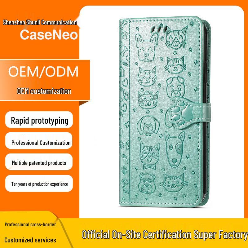 iPhone 16 Flip Leather Case - PU Embossed Cat Dog Design - Compatible with Apple 15