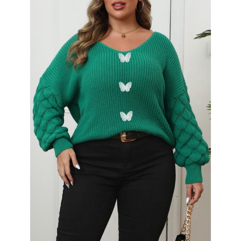 Plus Size Long Sleeve Knit Sweater Deep V Neck Lace Butterfly Pullover Top