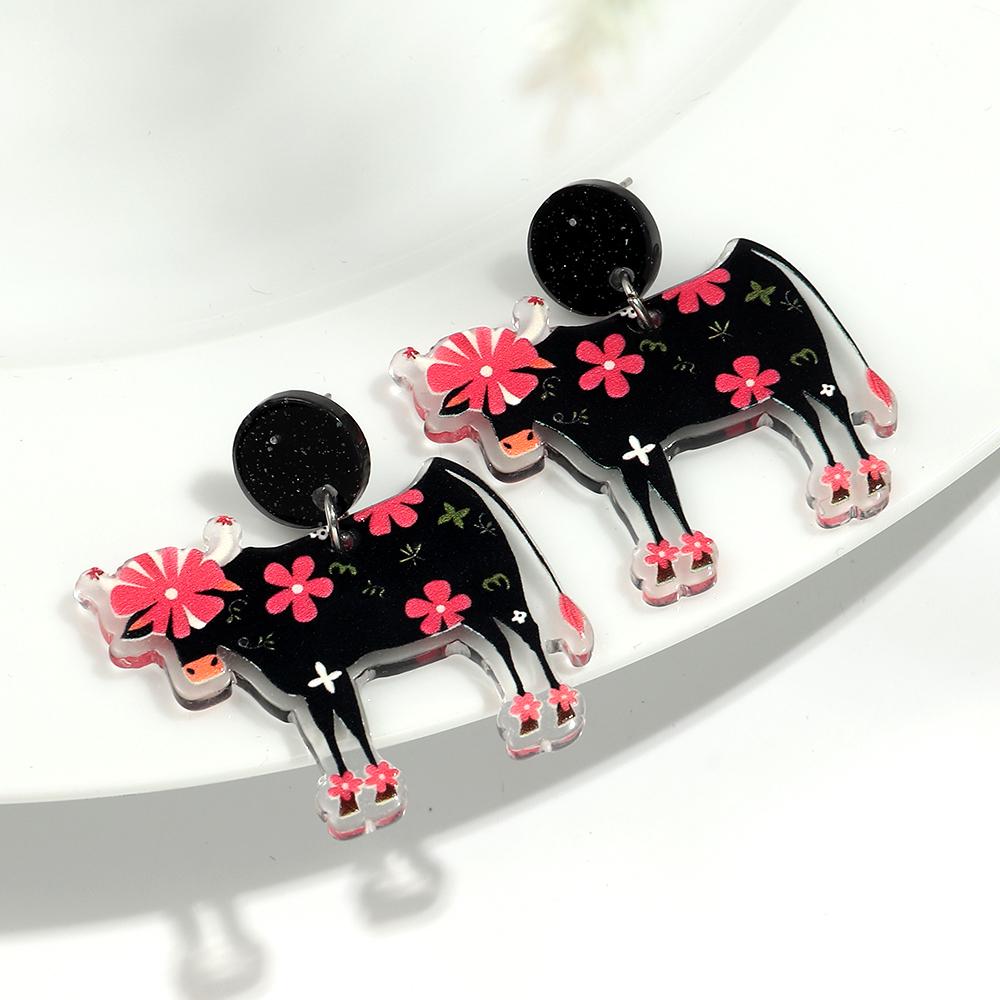 Cute Flower Cow Acrylic Print Earrings for Women Girls New Cartoon Hat Boot Cattle Animals Drop Earring Lovely Jewelry Gifts