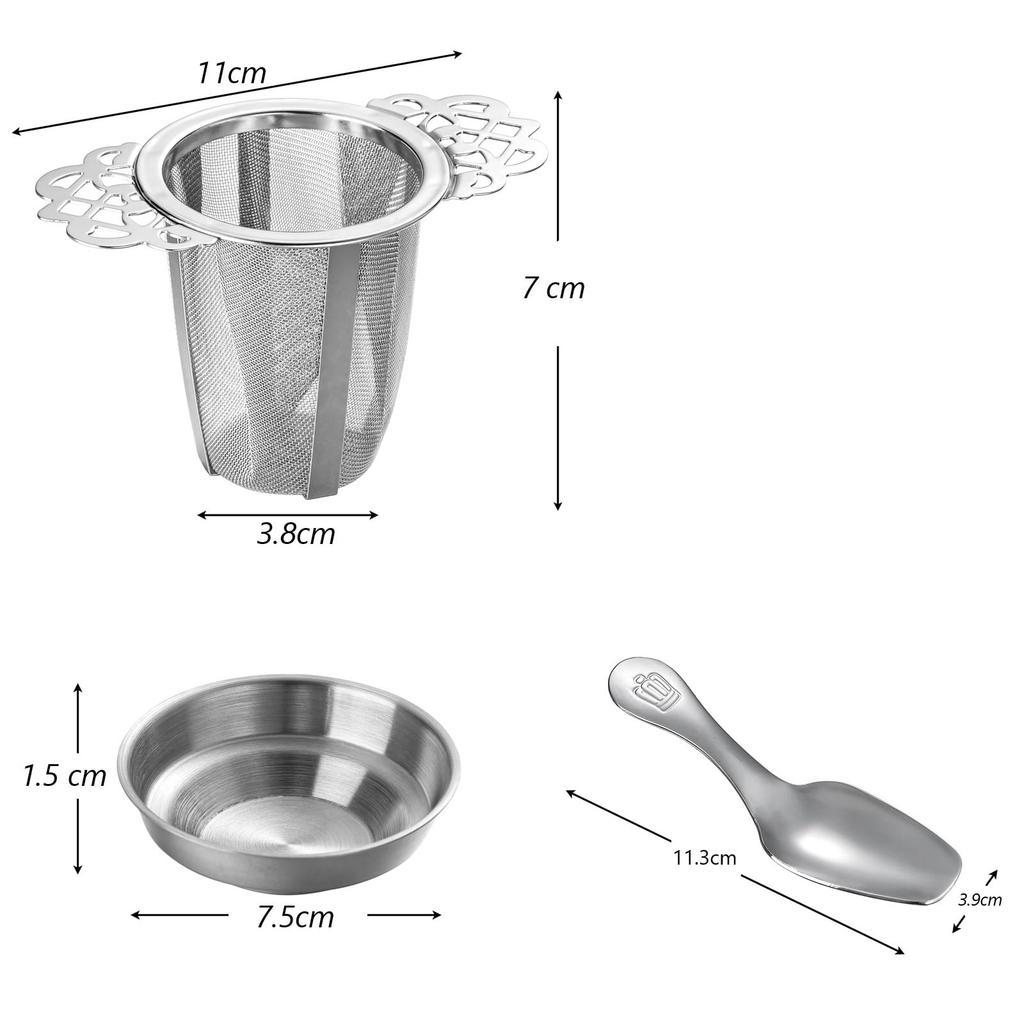 Stainless steel tea strainer with lid and teaspoon