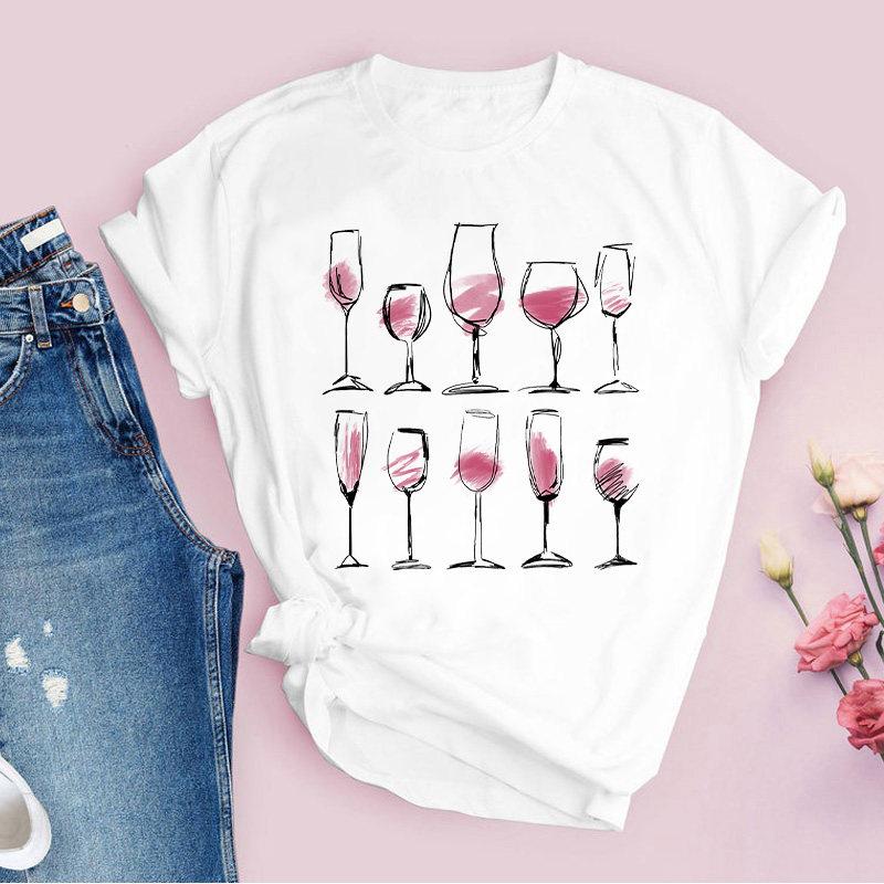 Red Wine Glass Pattern Pure Cotton Printed Unisexs and Womens Fashion Trend Tshirt New Personalized Round Neck Casual Tshirt