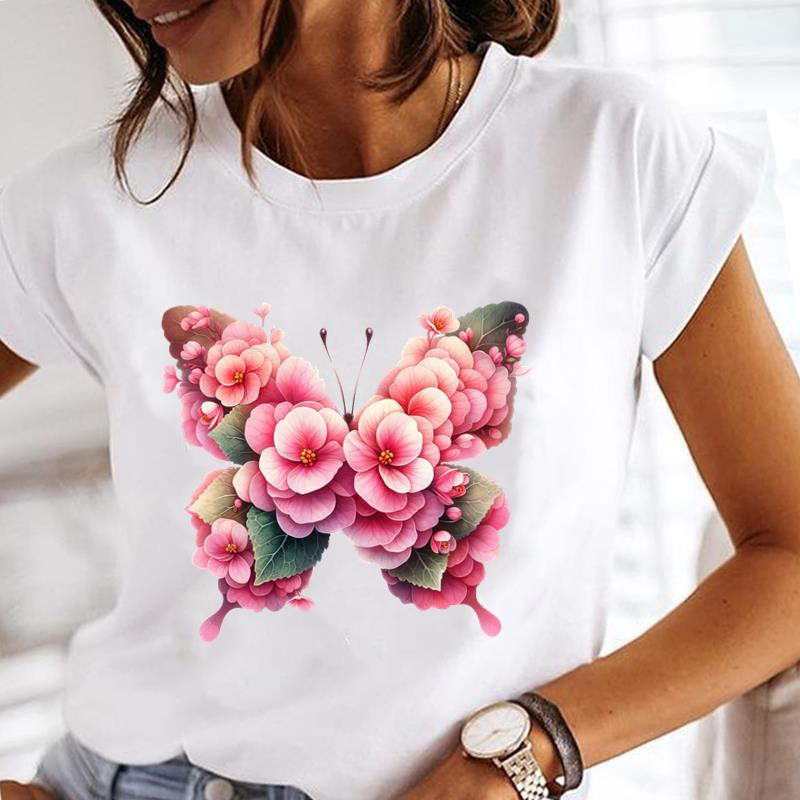 (Азиатский размер)  Топ футболка милый стиль бабочки тренд футболка с коротким рукавом женская одежда повседневная мода принт леди женская графические футболки
