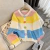 Women's Colorful Stripes Knitted Cardigan Flower Button Loose Ladies Sweater Woman Autumn Single Breasted Long Sleeve Top