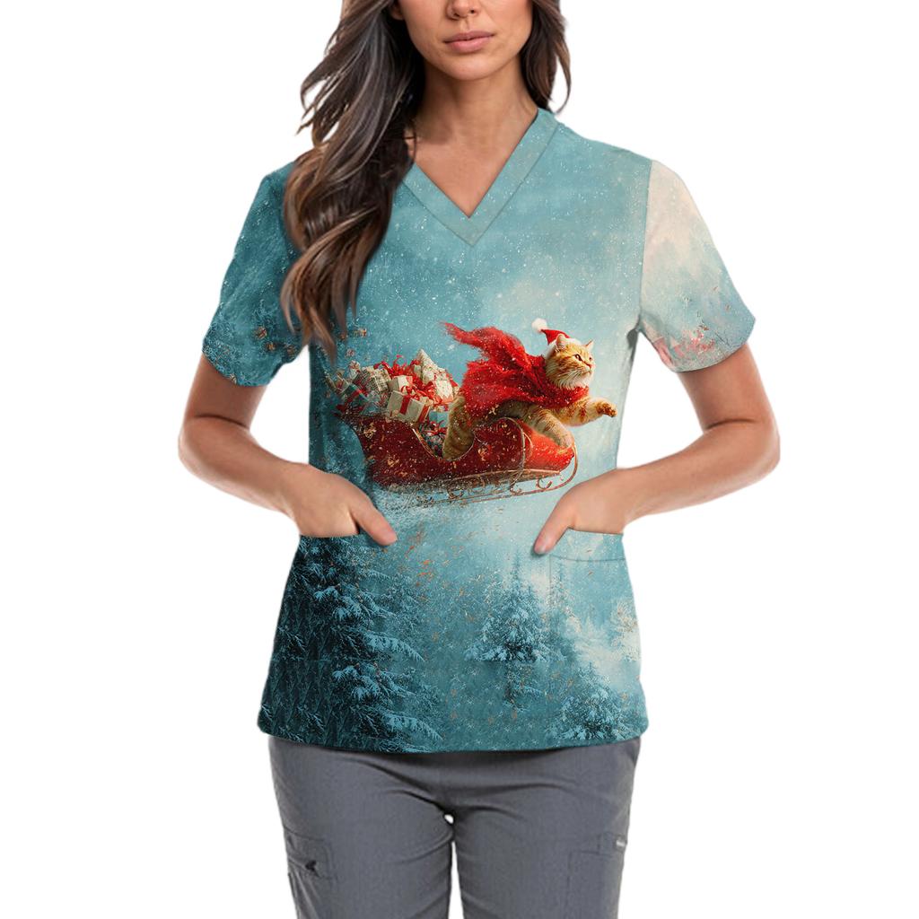 Женская милая блузка с принтом бантиков, рабочая одежда, V-образный вырез, двойной слой, карманы, базовая, с коротким рукавом, пуловер