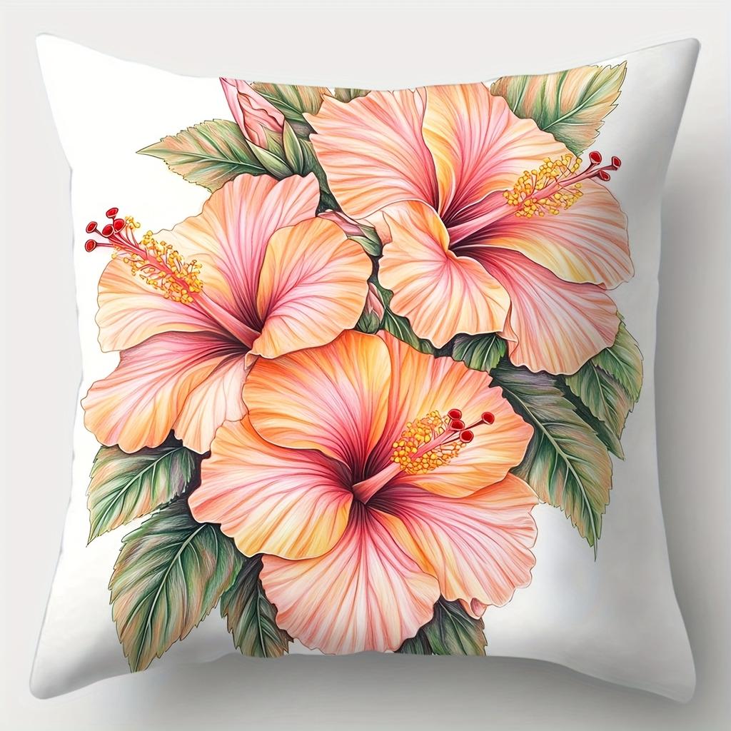 Vibrant Hibiscus Decorative Throw Pillow Covers, Watercolor Tropical Floral Print Cushion Cases, Aesthetic Summer Home Decor