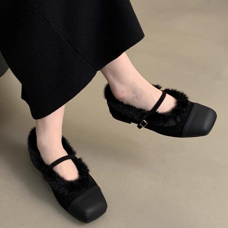 Модные меховые туфли женские 2024 осень-зима цветные цепочные утепляющие модные неглубокие туфли-лодочки туфли Мэри Джейн с пряжкой в одну линию