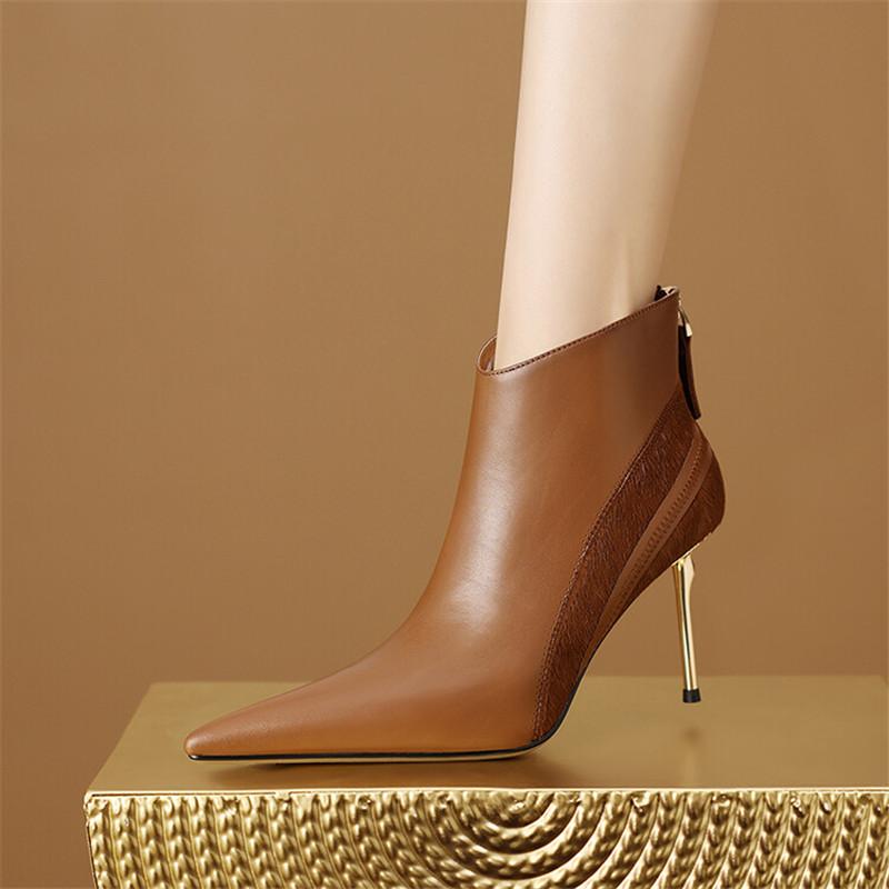 Мода 2025 Зима Новые Модные Ботильоны Женские Ботинки Остроносые Ботинки для Женщин Обувь из Натуральной Кожи Zapatos De Mujer Высокие Каблуки