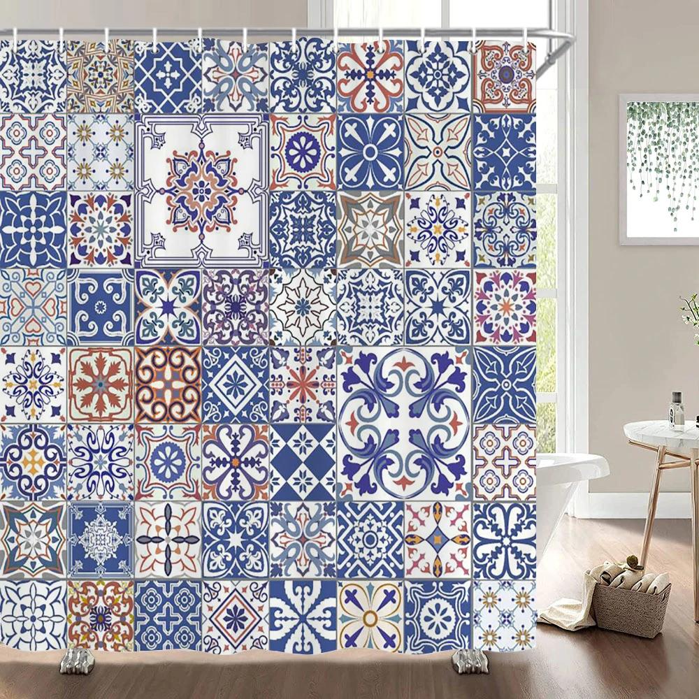 Indian Bohemian Fabric Shower Curtain Bathroom Curtains Boho Mandala Waterproof Fabric Bath Screen Bathtub Decor with 12 Hooks