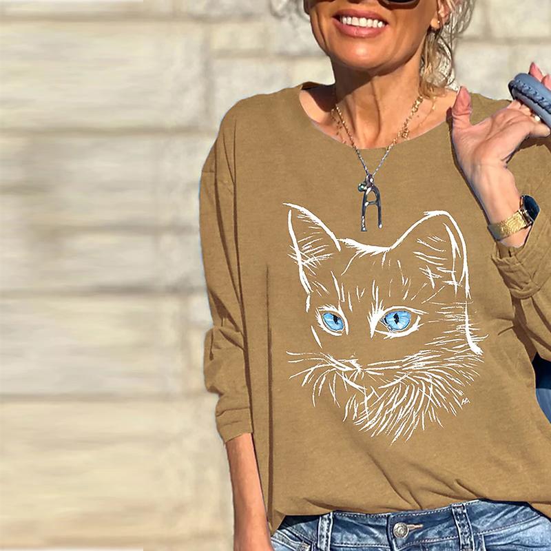 Women Autumn Tops Loose Cat Portrait of a Kitten Print Causal Long Sleeve T-shirt Top Blouse