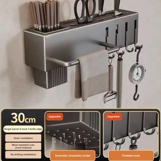 Kitchen Cutlery Holder Wall Mounted Cutter Holder with Hooks Carbon Steel Cutter Storage