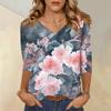 Женские топы, рубашка с рукавом три четверти, свободная повседневная рубашка с V-образным вырезом, футболка с цветочным принтом