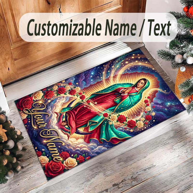 Virgin Mary Theme Crystal Velvet Rug Personalized Custom Name Text Soft Floor Mat Home Decor