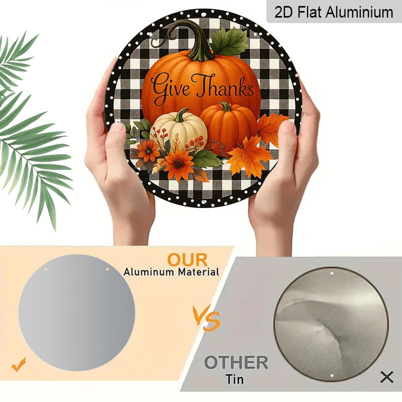 2D Flat, 1pc Thanksgiving-themed Round Aluminum Sign, Thanksgiving Design Featuring Pumpkins and Autumn Leaves, High Quality, Pre-Hole, Reusable