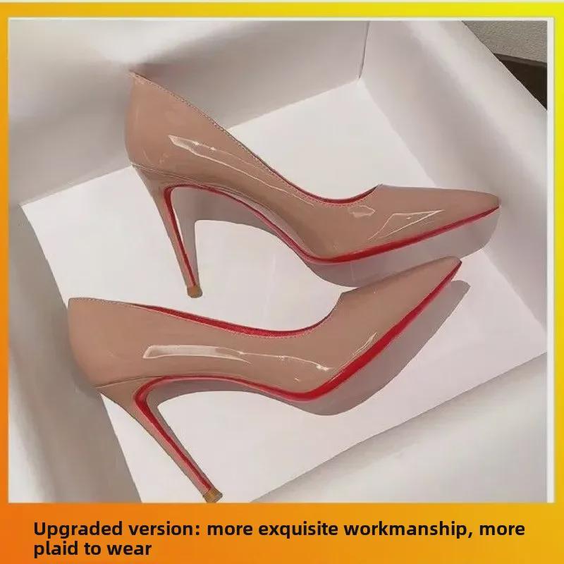"2023 Black Patent Leather Red Bottom Stiletto Heels - Pointed Toe, High-End Sexy Pumps for Nightclub & Work"