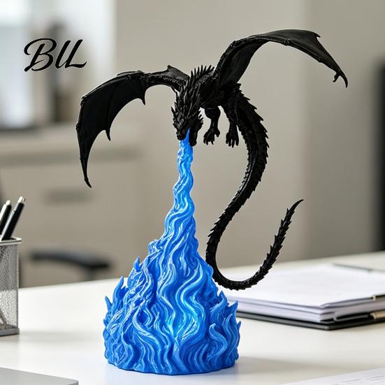 Fantasy Theme Room Decor 3D Printed Fire-Breathing Dragon Statue, Mystical Figurine with Flame Office Desk Accessories Base, Desktop Ornament