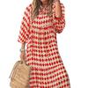 Lady Fall Dress Bubble Sleeves V Neck Printing A-line Loose Ankle Length Patchwork Bohemian Beach Maxi