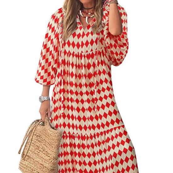 Lady Fall Dress Bubble Sleeves V Neck Printing A-line Loose Ankle Length Patchwork Bohemian Beach Maxi