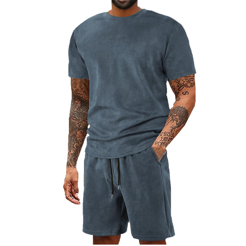 Мужской однотонный повседневный комплект из двух предметов с круглым вырезом и короткими рукавами