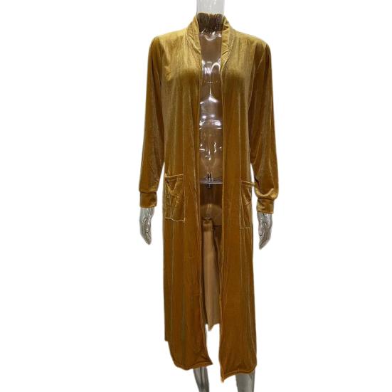 Женский кардиган, пальто с лацканами, длинный рукав, открытая передняя часть, золотистая бархатная ткань, куртка, однотонная, средней длины, верхняя одежда