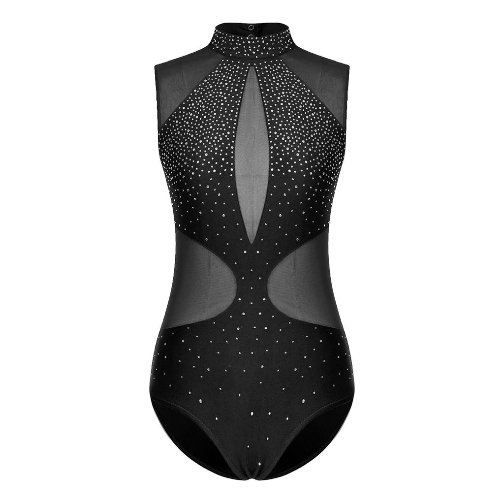 Womens Figure Skating Dance Leotard Sparkly Rhinestones Sheer Mesh Patchwork Sleeveless Cutout Back Bodysuit for Gymnastics