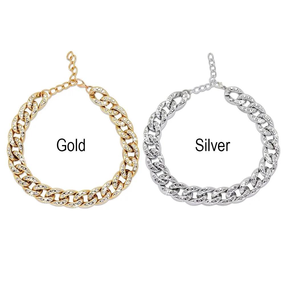 Золотой ошейник-цепочка для больших собак, забавный чокер для французского бульдога, панк-питомец, ожерелье со стразами, ювелирные аксессуары