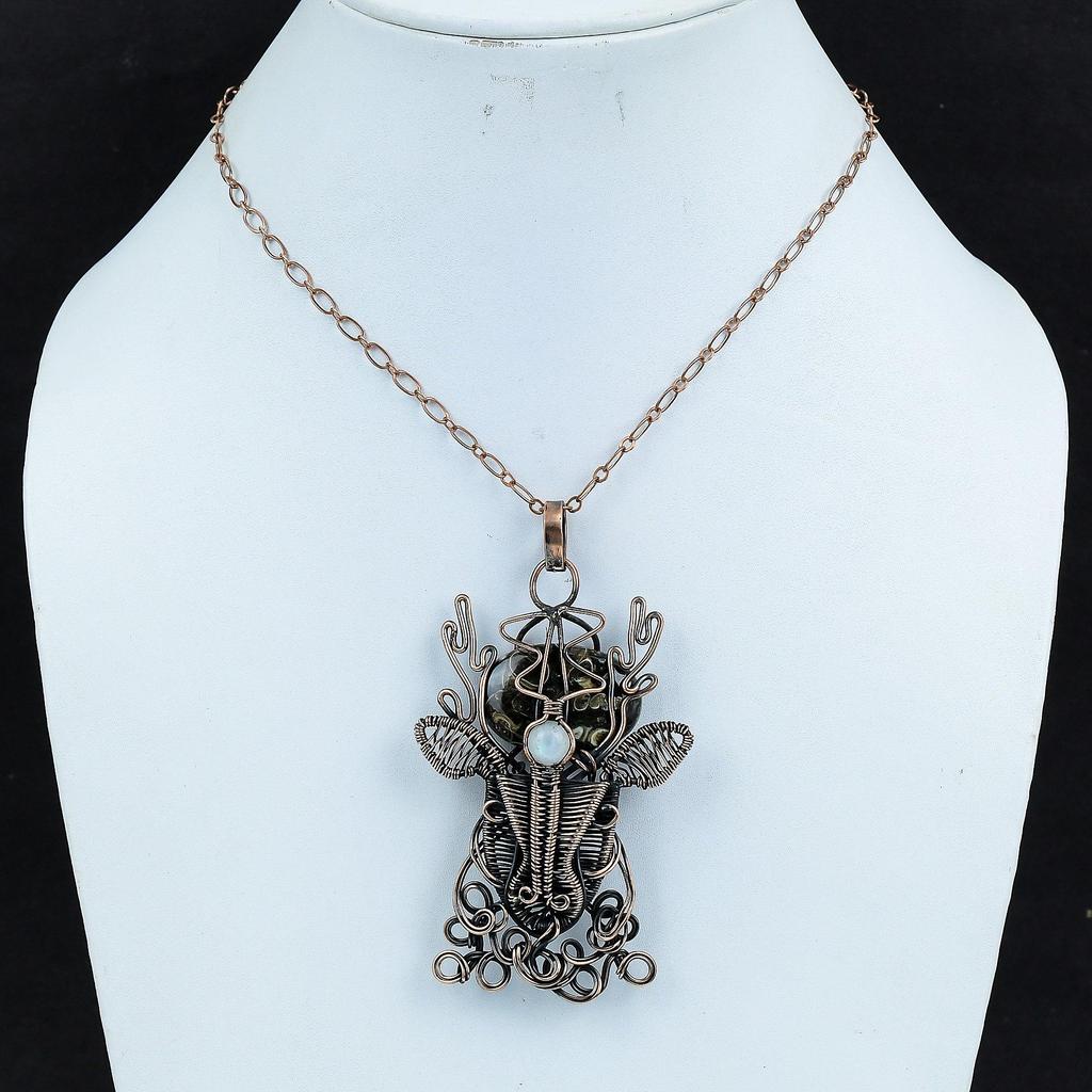 Подвеска из агата Turritella, обернутая медной проволокой, подвеска в виде головы оленя из драгоценных камней, ювелирные изделия ручной работы, подвеска из медного лунного камня, подарки на годовщину