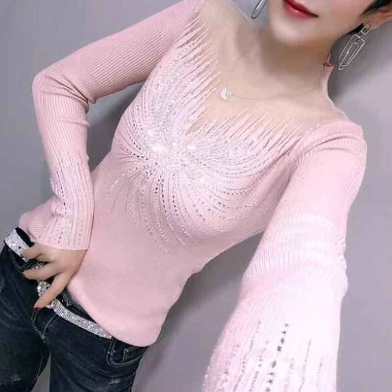 Высококачественный шикарный красивый свитер женский пэчворк сетка ажурная тяжелая промышленность алмазная инкрустация сексуальный универсальный длинный рукав базовый свитер