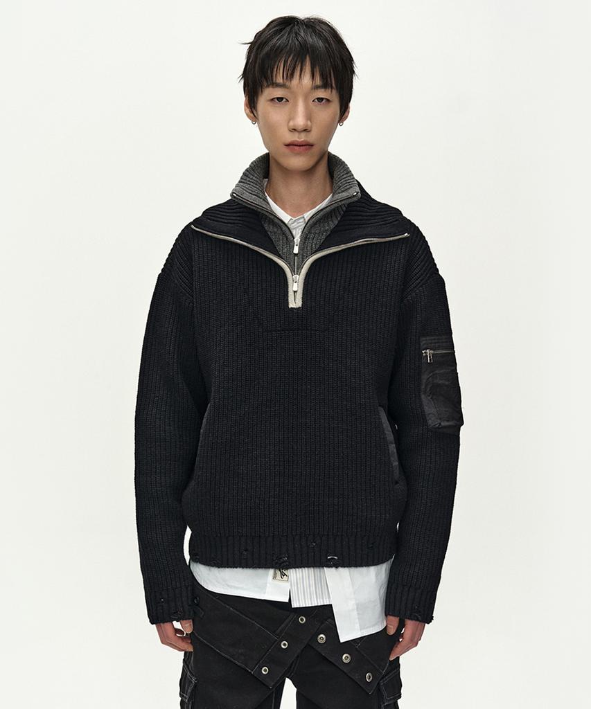 ADSB ANDERSSON BELL Double Layered Quarter Zip-Up Sweater (Black/Grey)