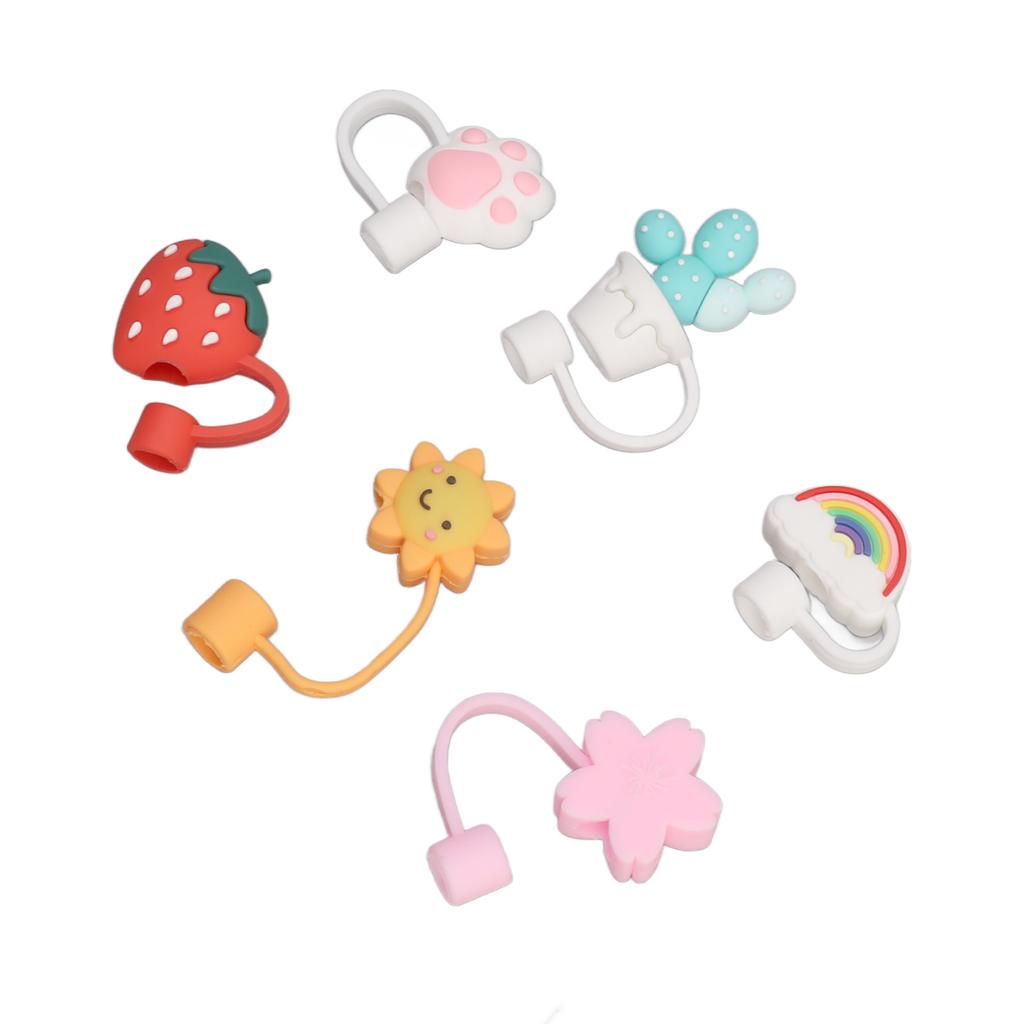 6Pcs Straw Cover Cap Cute Cartoon Reusable Silicone Toppers Drinking Tips Lids Plugs Type B