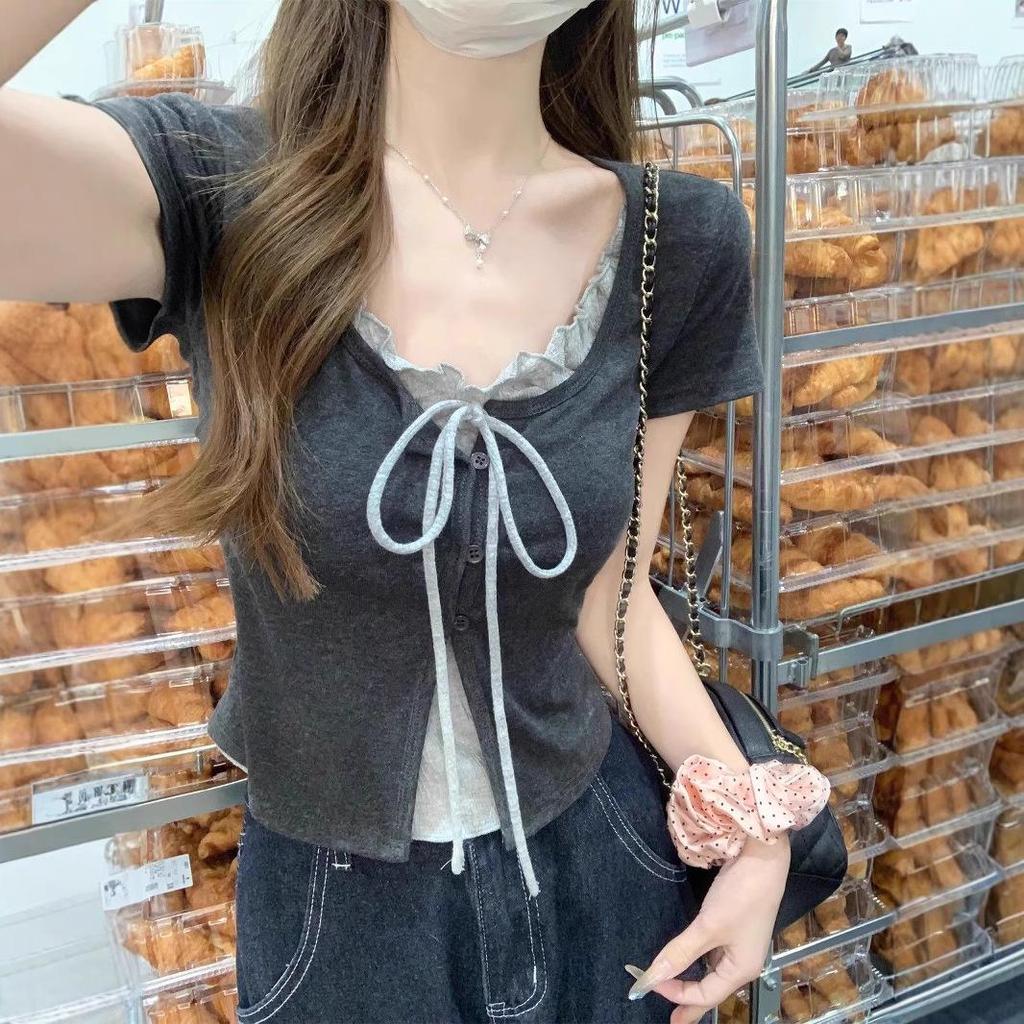 Women's Summer Chic Ruffled Lace-Up U-Neck Short-Sleeve T-Shirt, Slim Fit, Faux Two-Piece Design