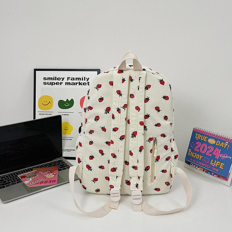 Вельветовый рюкзак с клубникой, повседневный дорожный рюкзак, большая вместимость, модный подростковый рюкзак, регулируемый ремешок для путешествий на открытом воздухе AVE