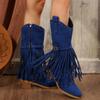 Aphixta Blue Fringe Dec Pointed Toe Knee Boots Women Winter Autumn Shoes Side Zip Med Heels Women Boots Big Size 43