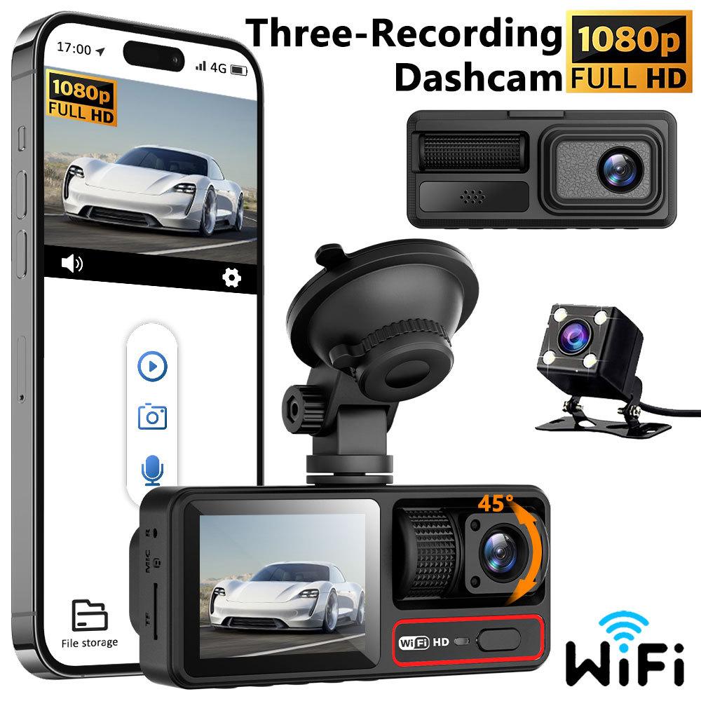 3-Lens Dash Cam, 3-Channel Recording, WiFi, HD, Phone Sync