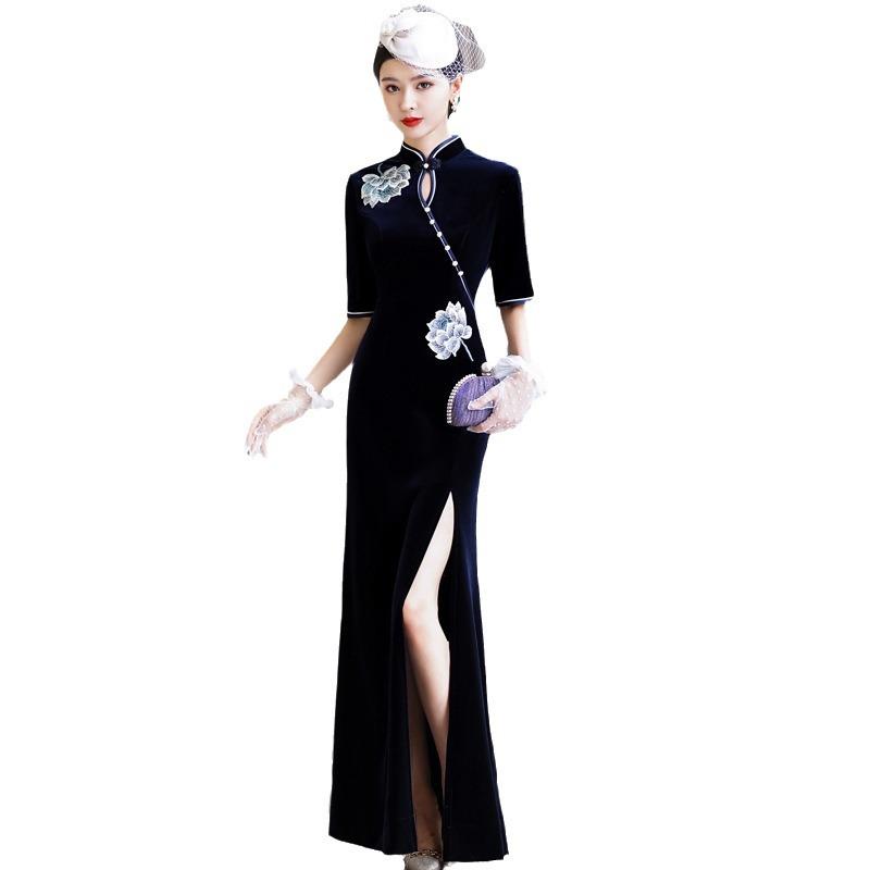 1011 new performance cheongsam navy blue fashionable young new Chinese cheongsam dress performance clothes extended large size