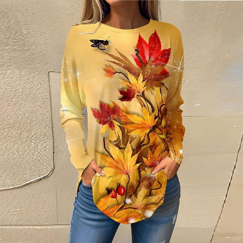 Tee Shirts For Women Fall Casual Long Sleeve Shirts Sweatshirt Retro Printing Top Pullover