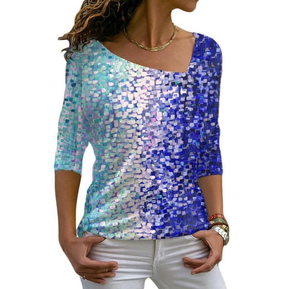 Футболки с косым воротником, длинный рукав, цифровая модная принтованная косая горловина, женская повседневная футболка для женщин