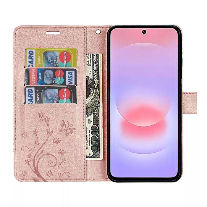 Coque Synthécuir - BOOLING - pour Samsung Galaxy A37 5G - Anti-Rayures Rose Motif Plante Papillon